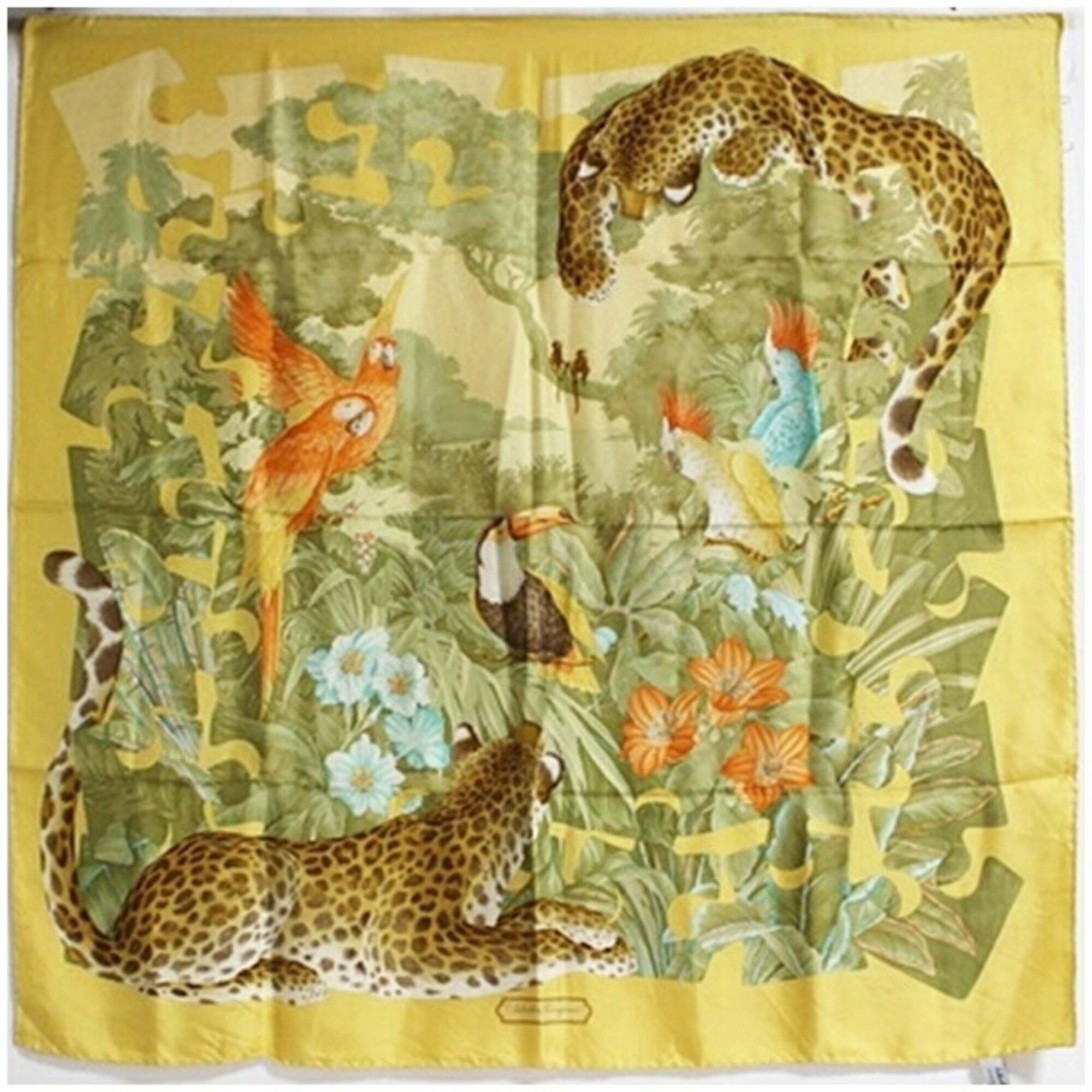 Salvatore Ferragamo Silk ScarfMuffler In Yellow And Moss Green With Animal P